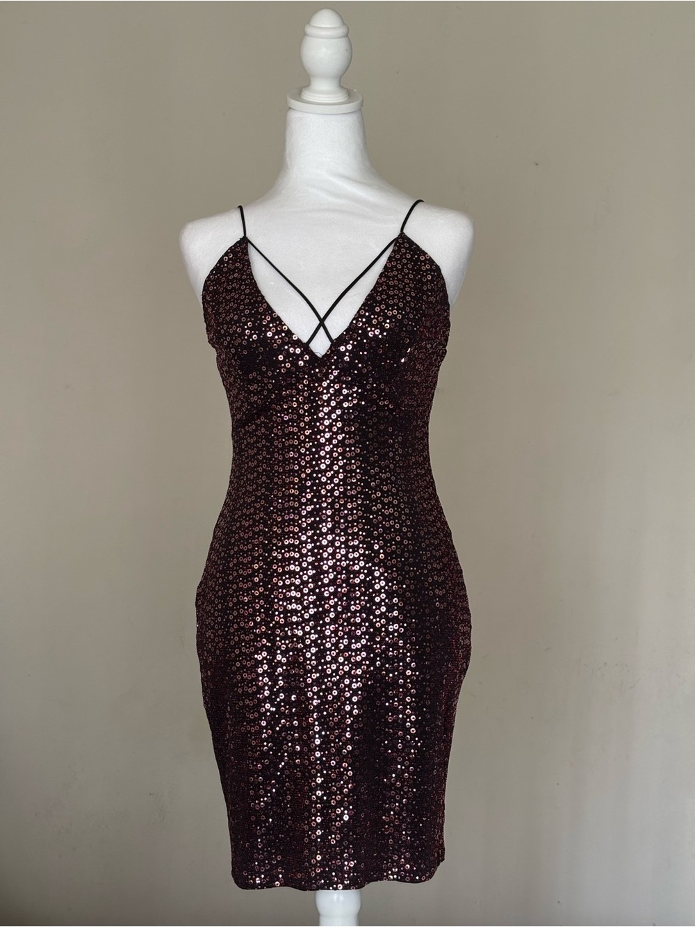 January 7 Sequin Mini Dress in Deep Burgundy with Crisscross Straps